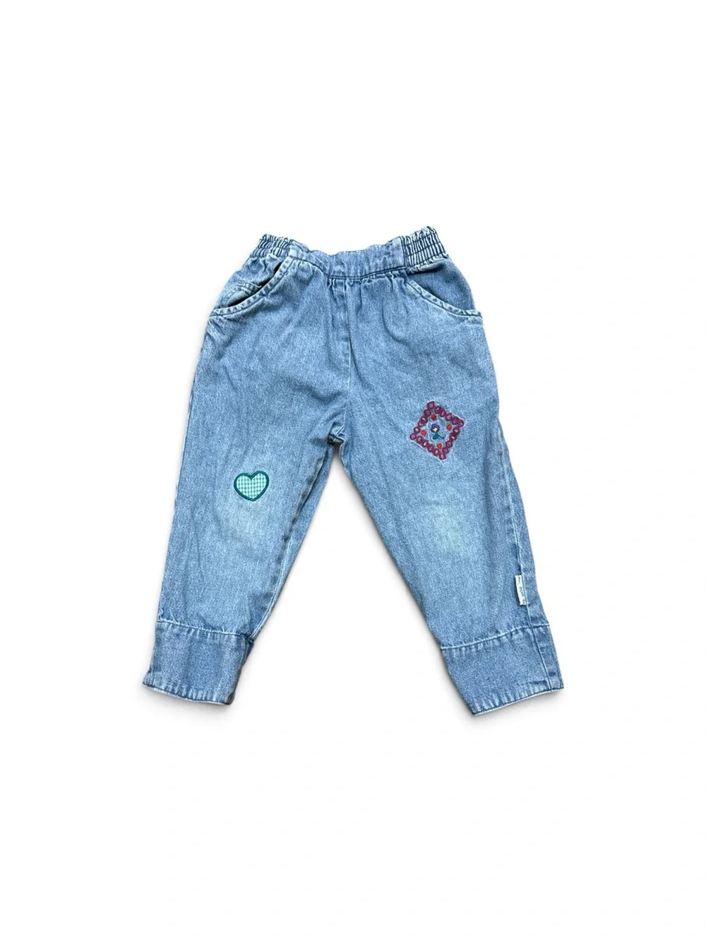 Vintage 90s Girls Pull On Denim Pants Size Small Embroidered Flower Heart